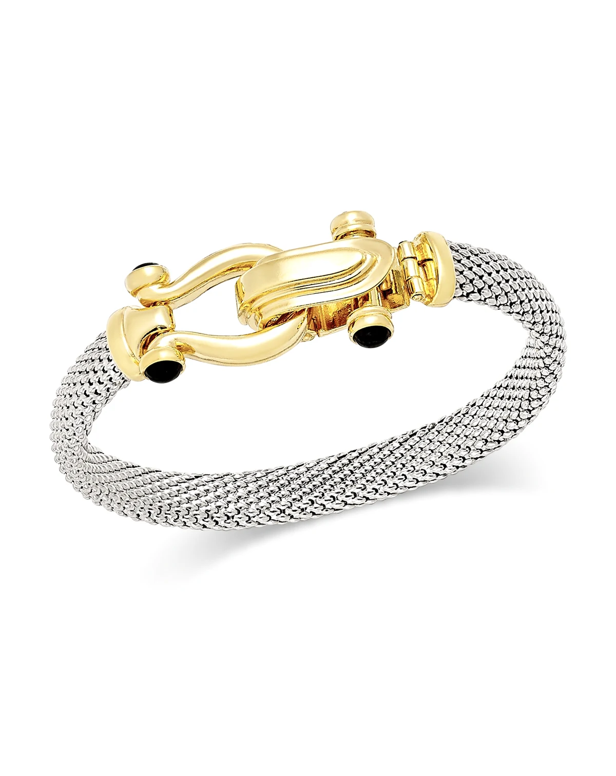 Horseshoe Bangle Bracelet with Black Spinel Accents in Sterling Silver and 14k Gold over Silver