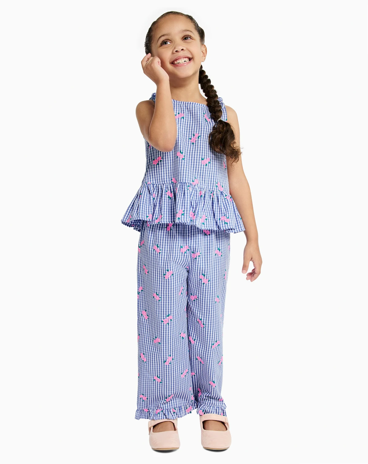 Girls' 2T-6X Floral Plaid Ruffle-Trim Top and Pants, 2-Piece Set