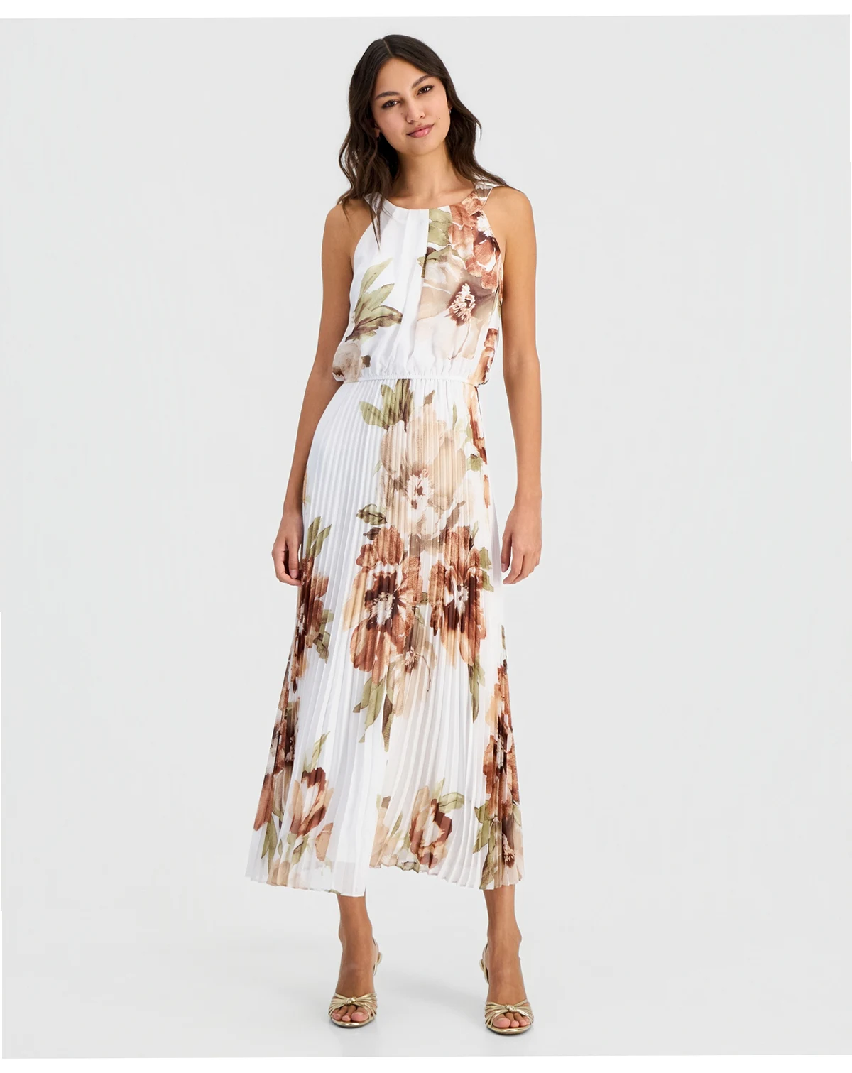 Women's Pleated Floral Print Midi Dress