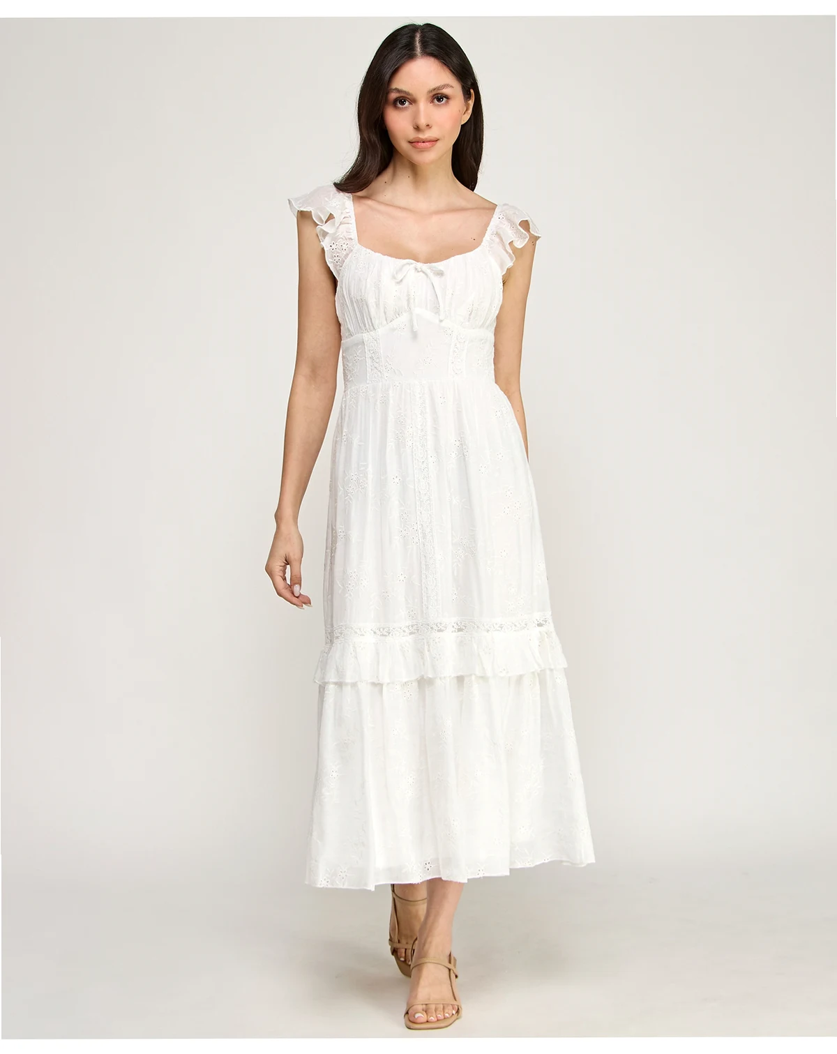 Juniors' Flutter-Sleeve Embroidered Midi Dress