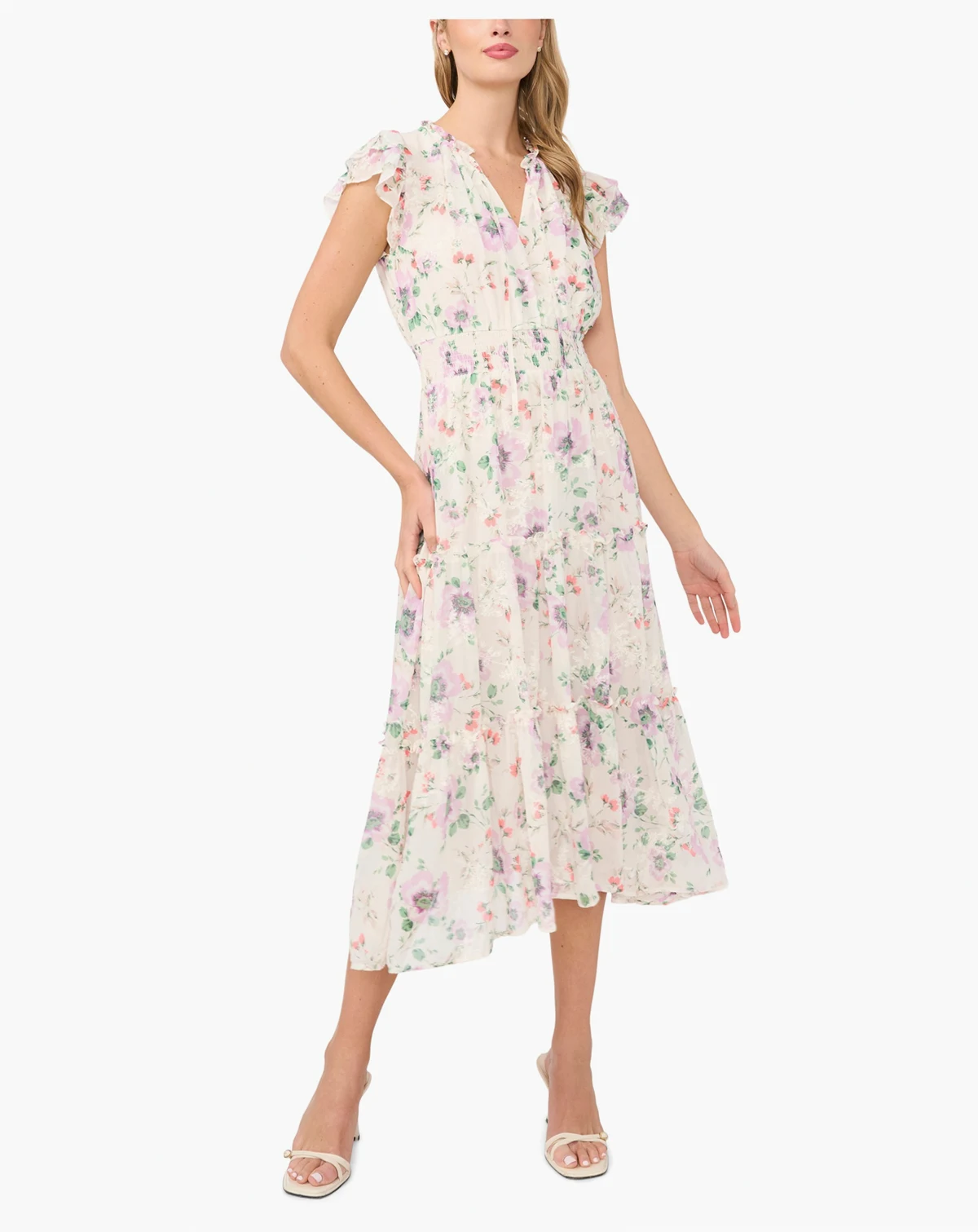 Women's Flutter-Sleeve Smocked Waist Split-Tie Neck Tiered Maxi Dress