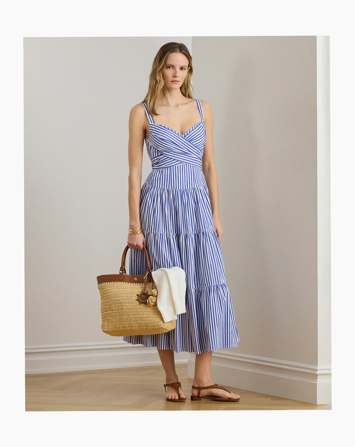 Women's Striped Tiered Sweetheart Neck Dress