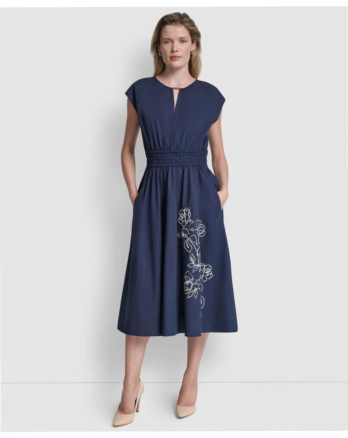 Women's Cap-Sleeve Jewel Neck Keyhole Midi Dress