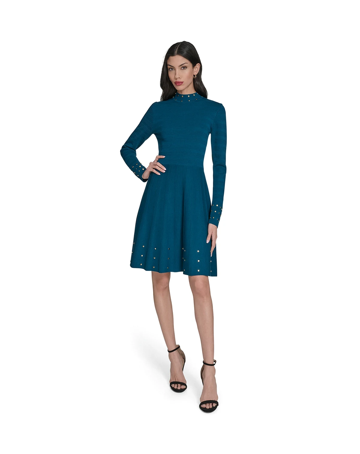 Petite Mock-Neck Embellished Fit & Flare Dress