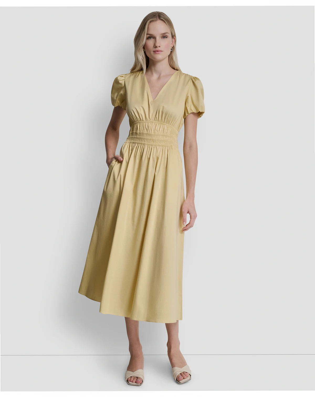 Petite V-Neck Smocked Waist Midi Dress