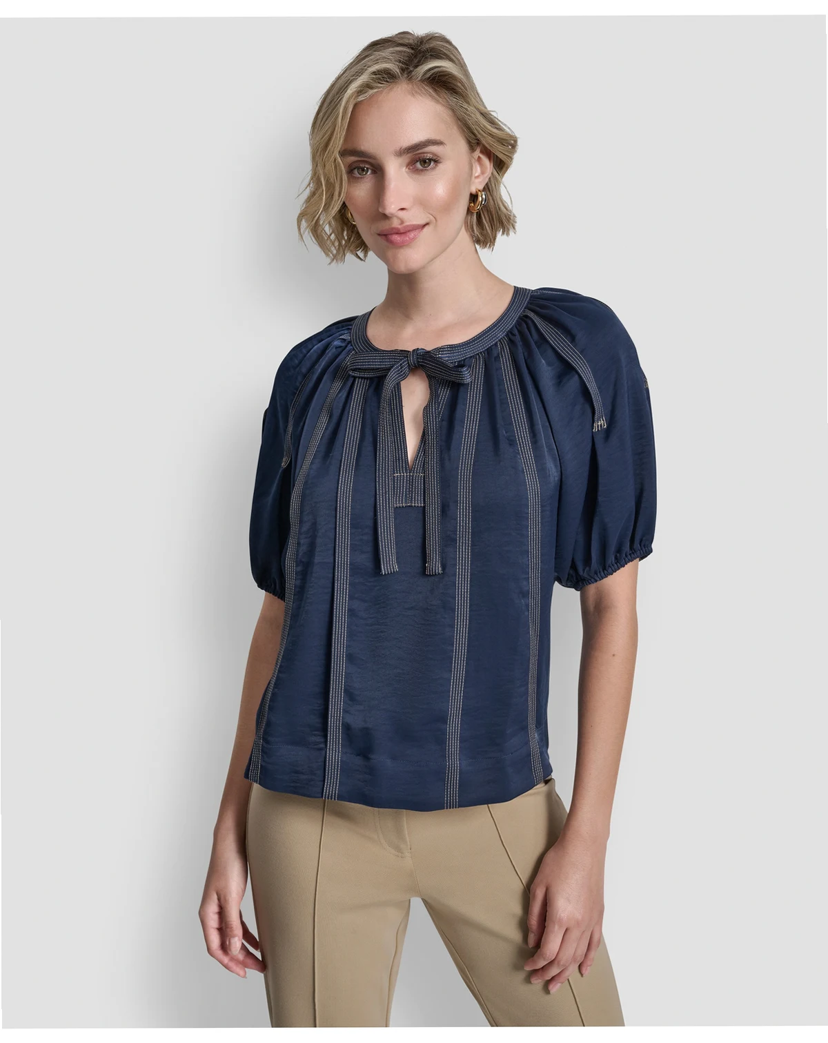 Women's Puff-Sleeve Top Stitch Tie-Front Top