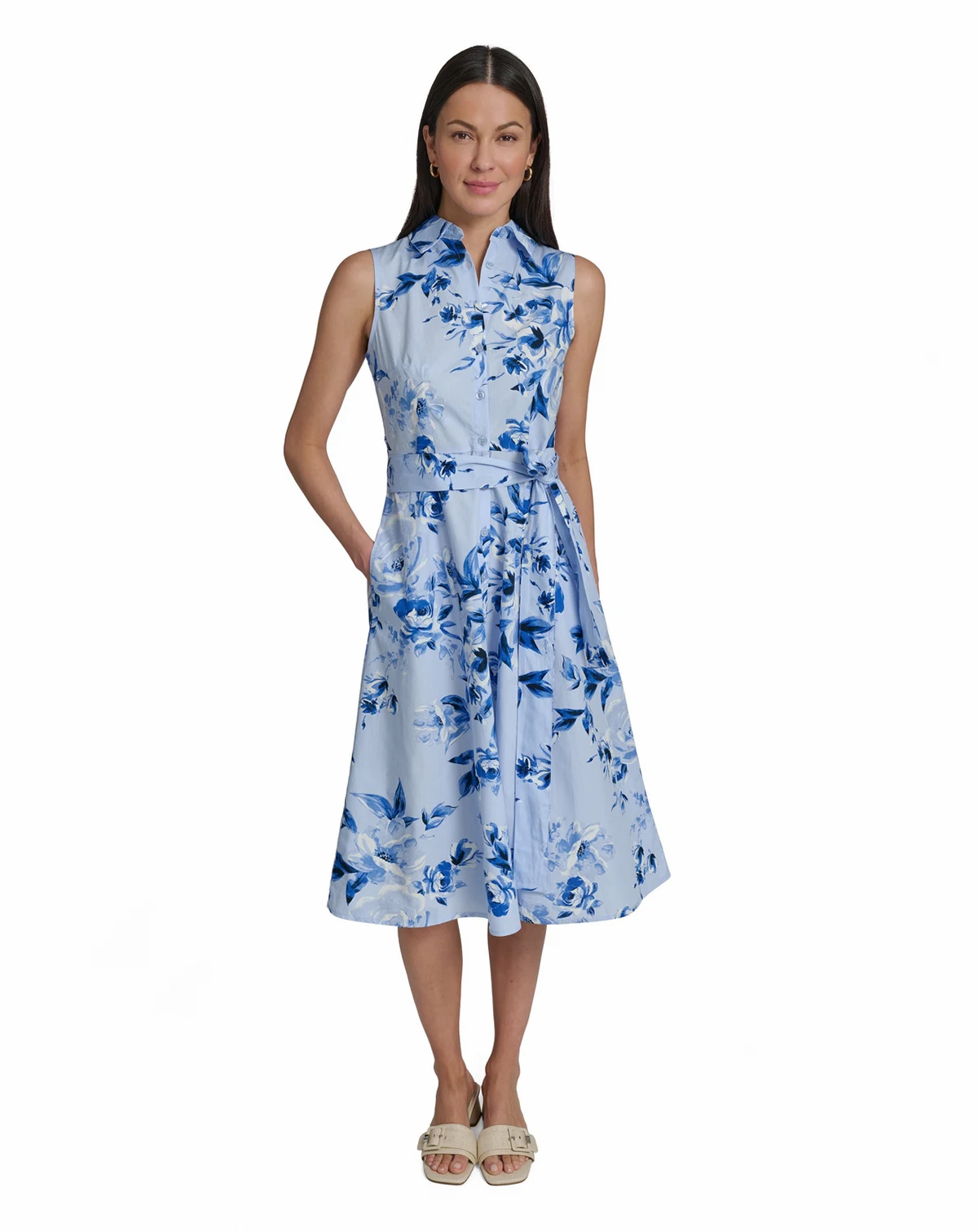 Women's Floral Sleeveless Collared Midi Shirtdress