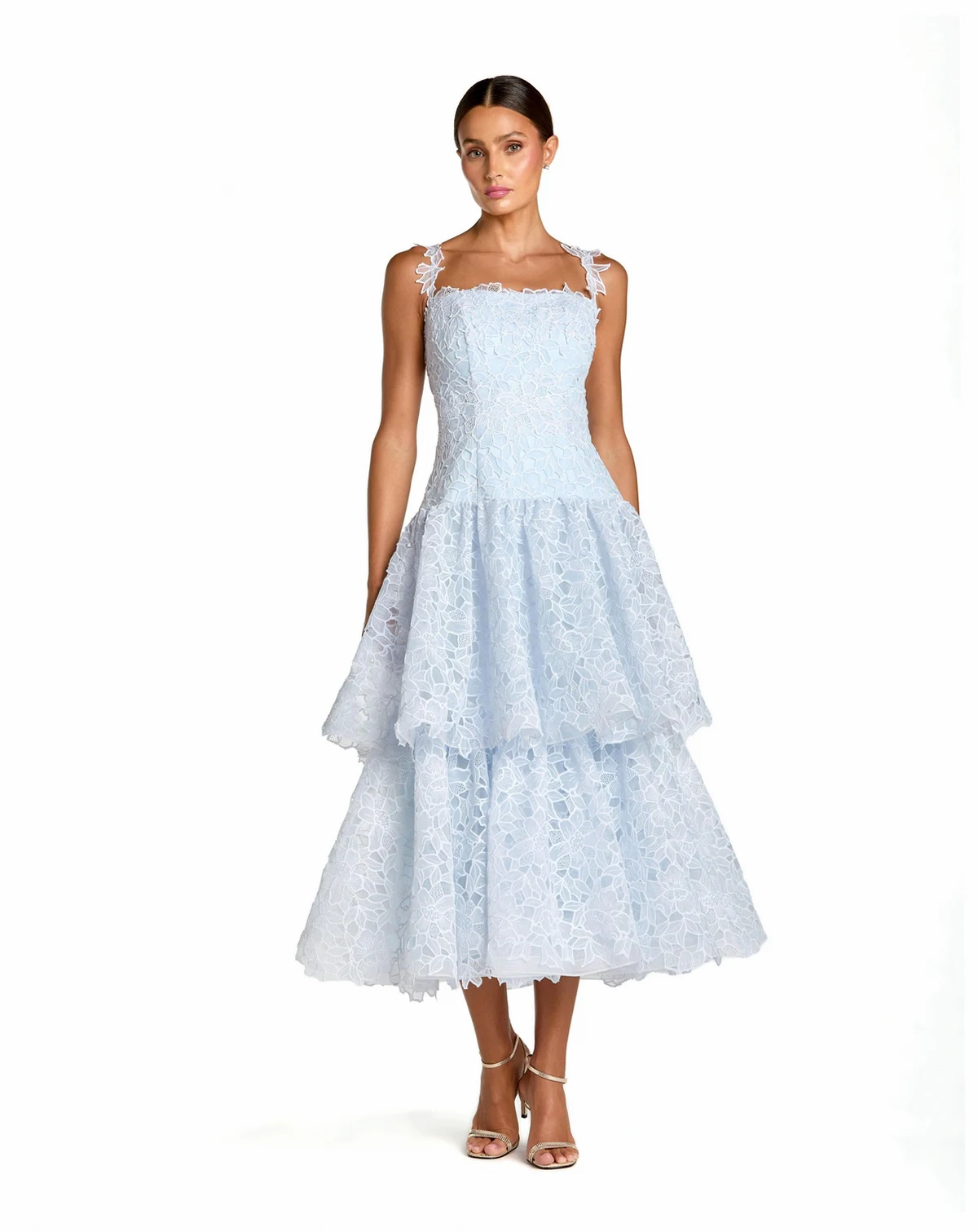 Women's Petite Sleeveless Embroidered Lace Tiered Midi Dress