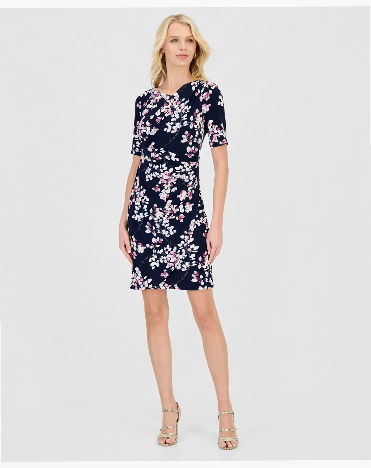 Petite Floral Faux-Wrap Elbow-Sleeve Dress