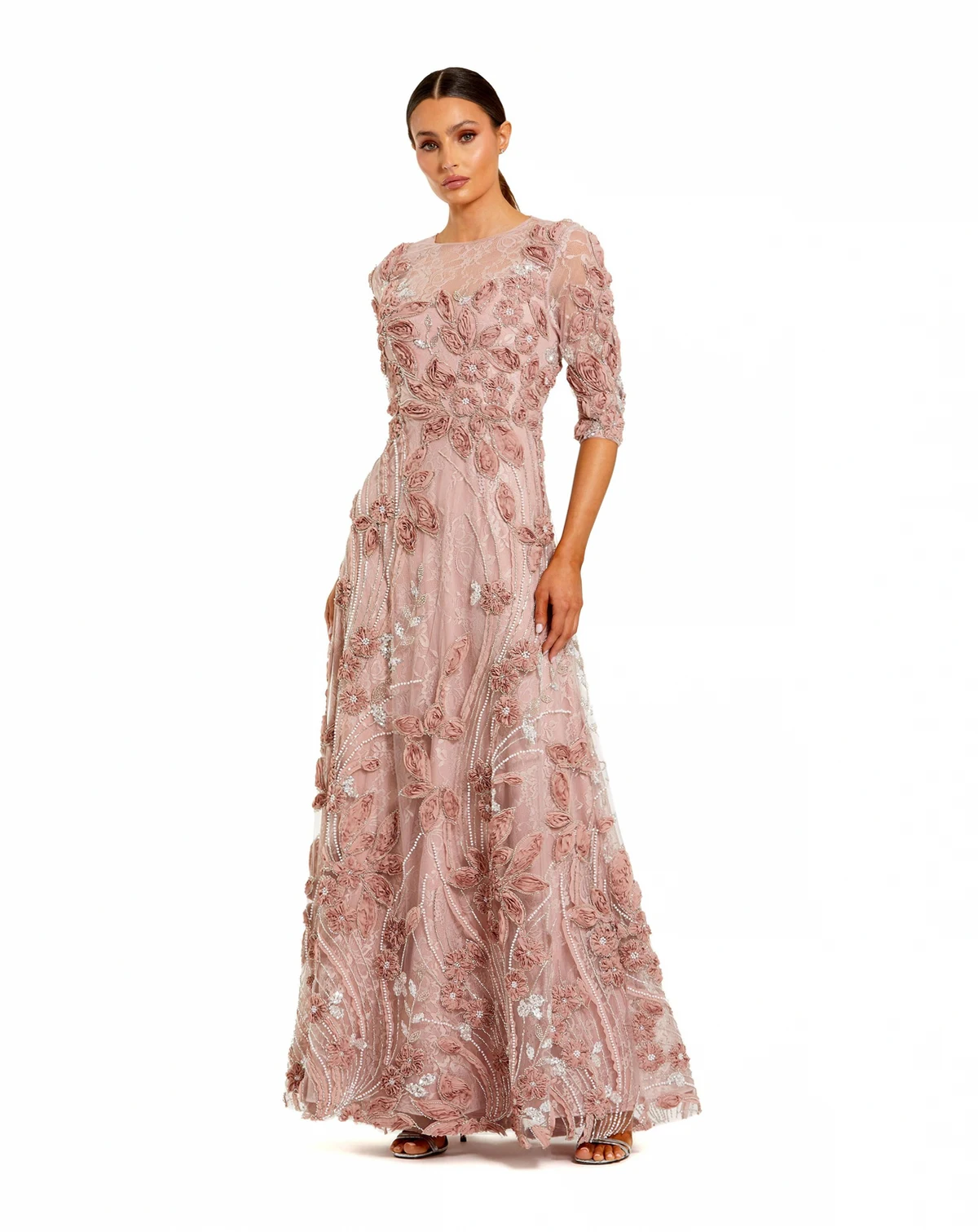 Petite 3/4 Sleeve High Neck Embroidered A Line Gown