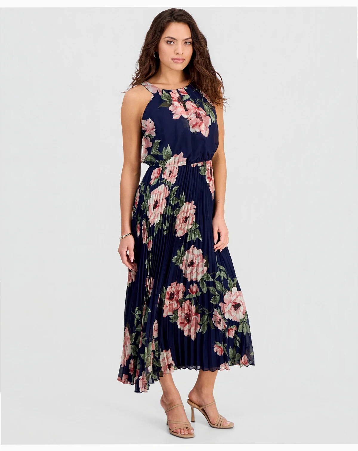 Petite Printed Halter Pleated Maxi Dress