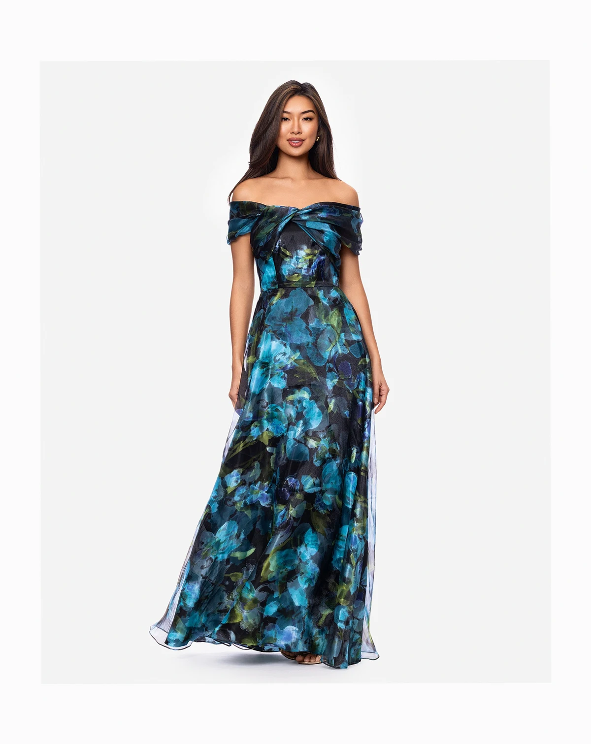 Petite Printed Off-The-Shoulder Ball Gown