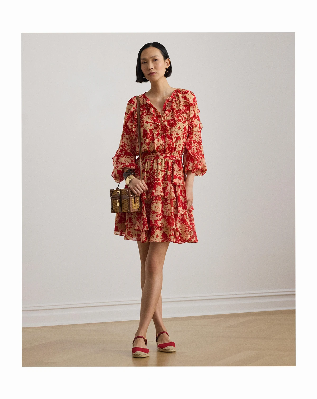 Women's Print Ruffle Trim Band Collar Tiered Dress