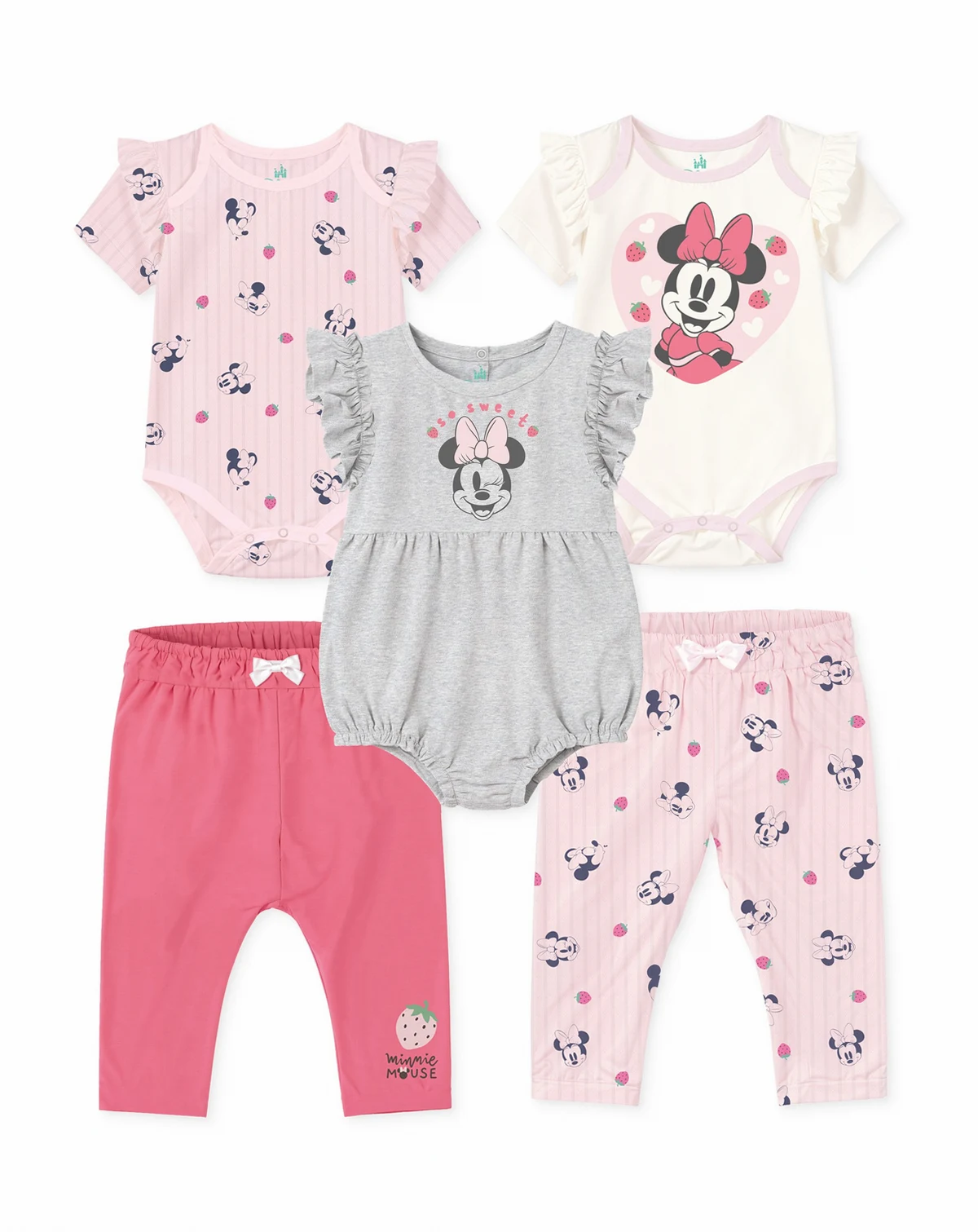 Baby Girls Minnie Mouse Bodysuits & Pants, 5 Piece Set