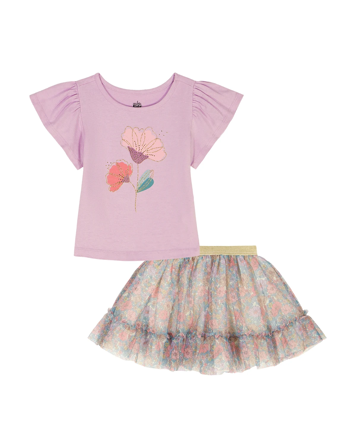 Girls' 2T-6X Flutter Sleeve Top and Printed Tulle Skort, 2-Piece Set
