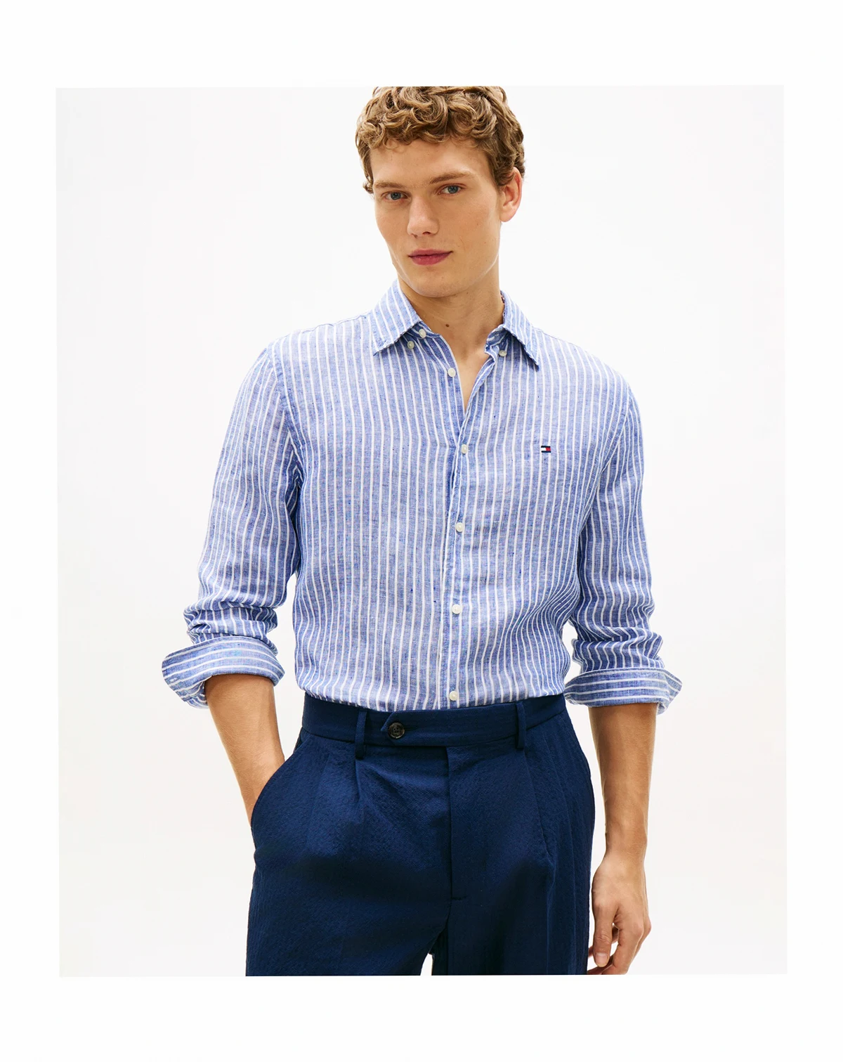 Men's 100% Linen Bengal Stripe Shirt