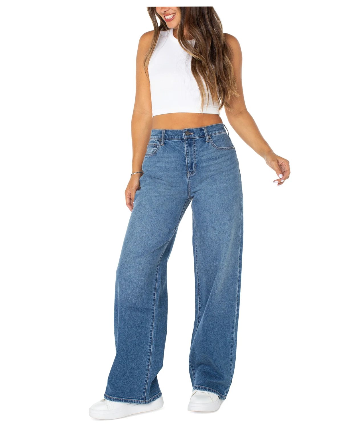 Juniors' Mandy Baggy Elastic-Back Wide-Leg Jeans