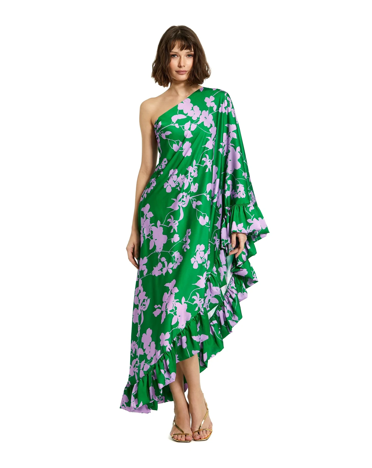 Women's Floral Charmeuse One Shoulder Draped Gown