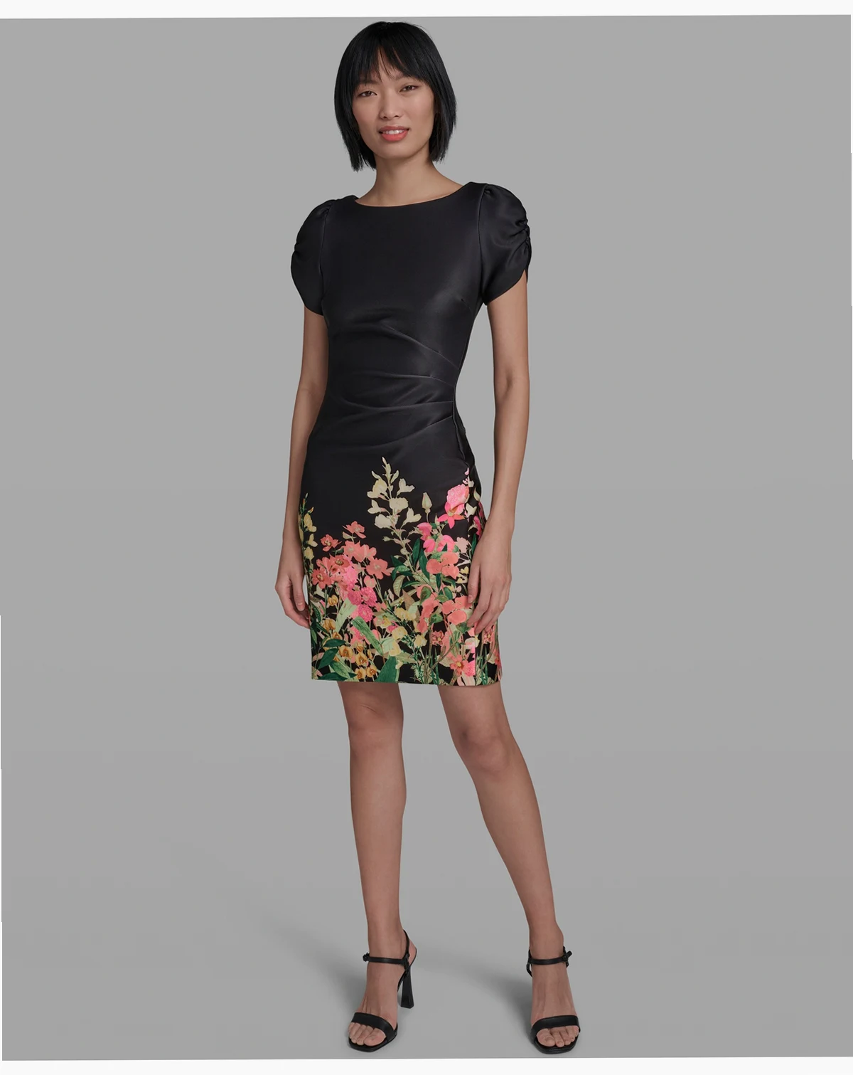 Women's Short-Sleeve Floral Border Hem Sheath Dress