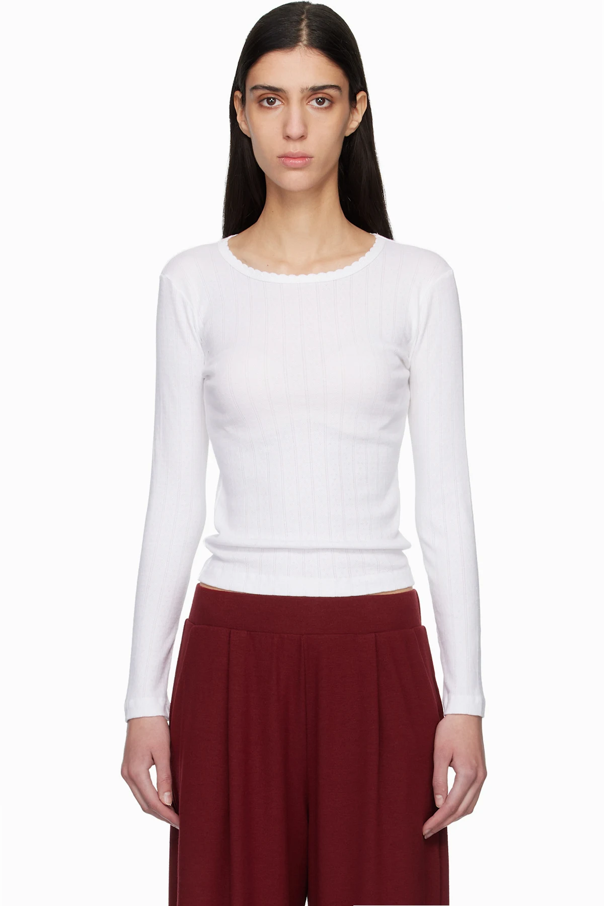 White Pointelle Slim Fit Long Sleeve T-shirt