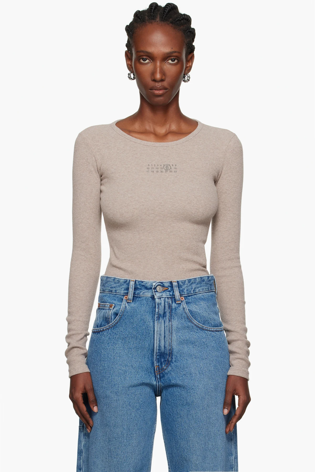 Taupe Wool-Blend Rib Jersey Long-Sleeved T-shirt