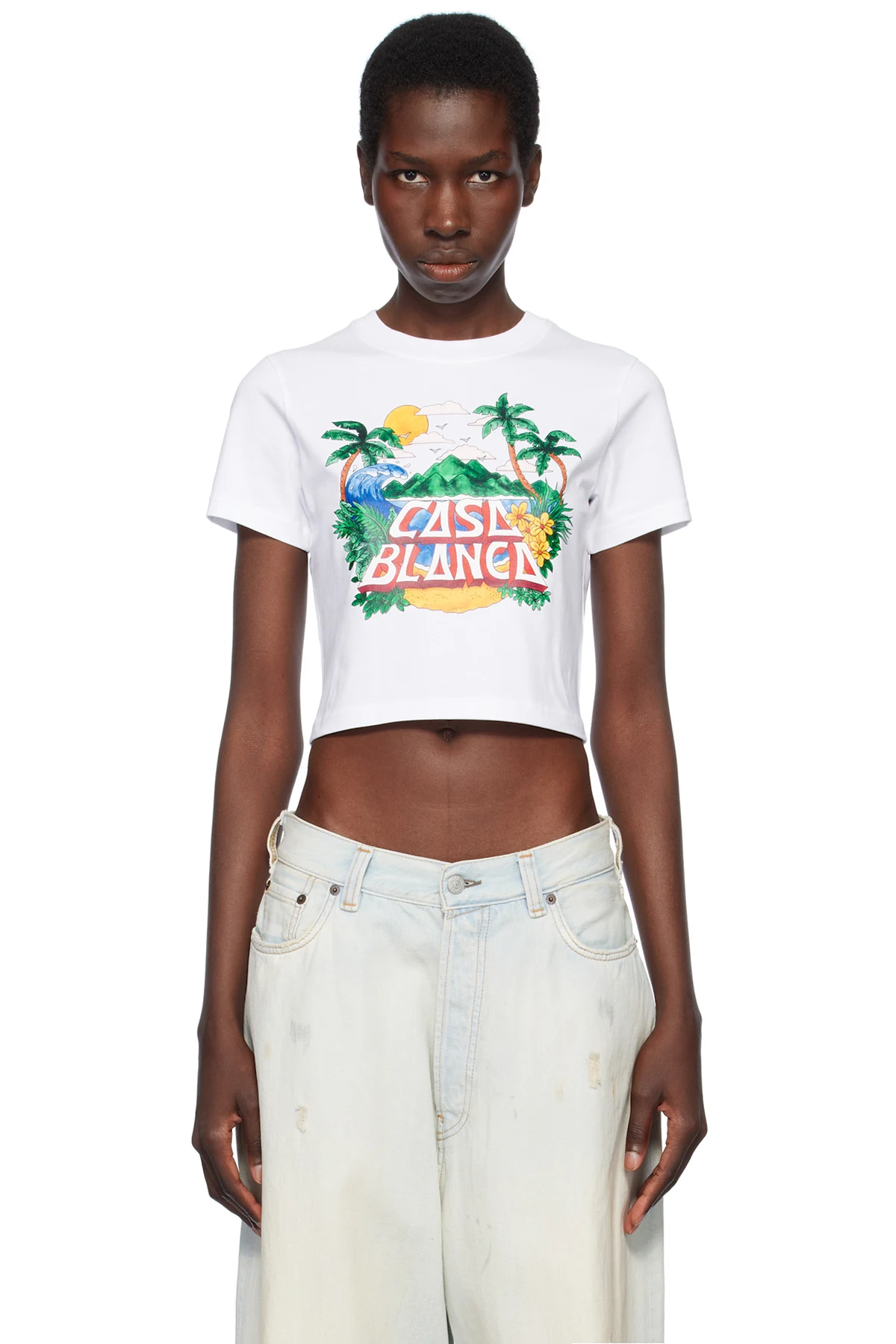 White Casa Beach Wave Cropped T-shirt