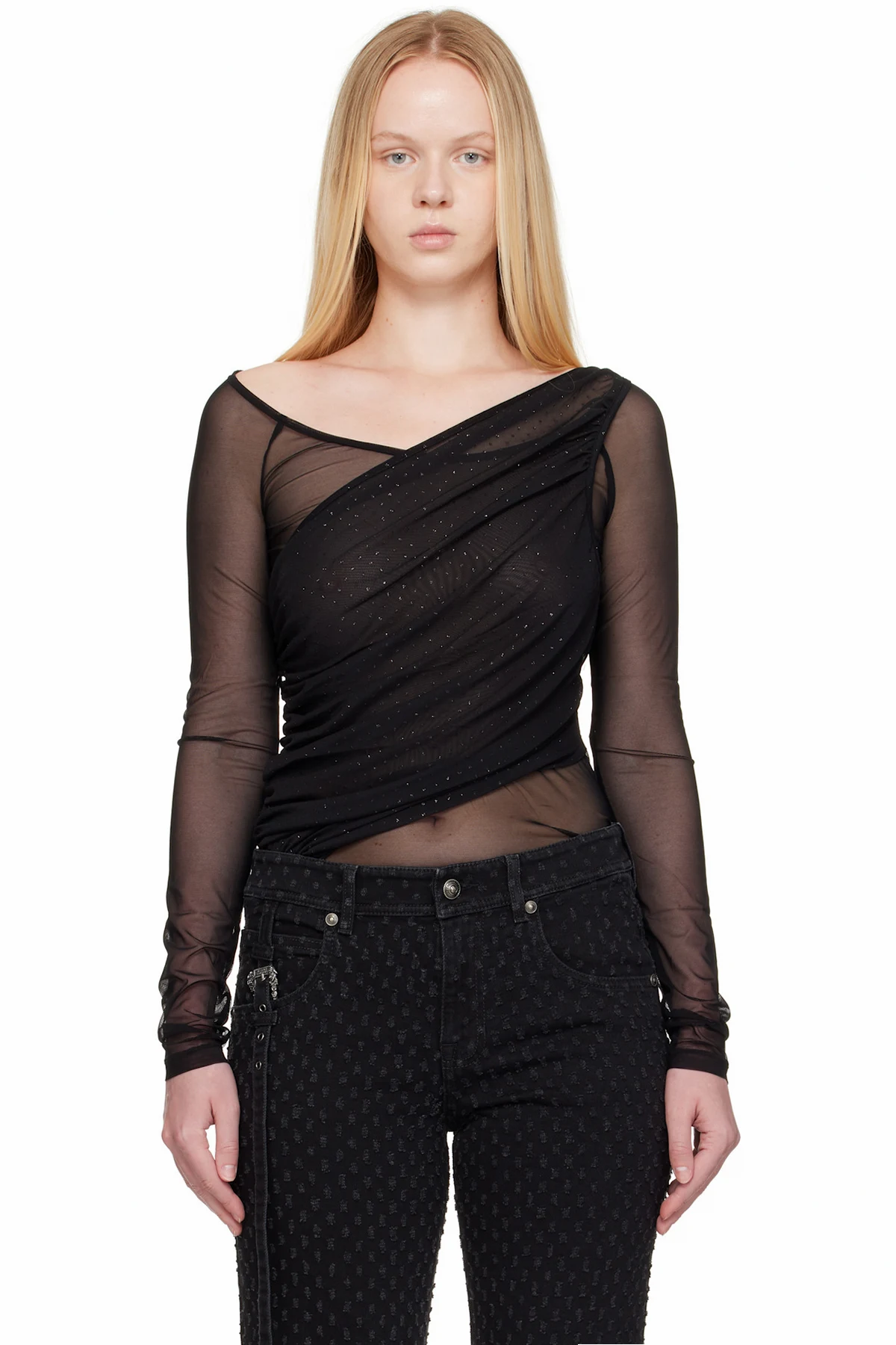 Black 'STR' Tulle Glitter Top