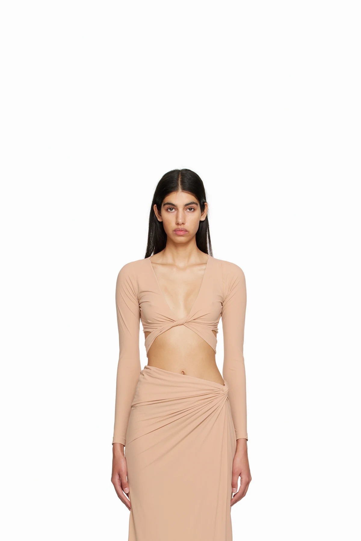 Beige Plunging Long Sleeve T-Shirt