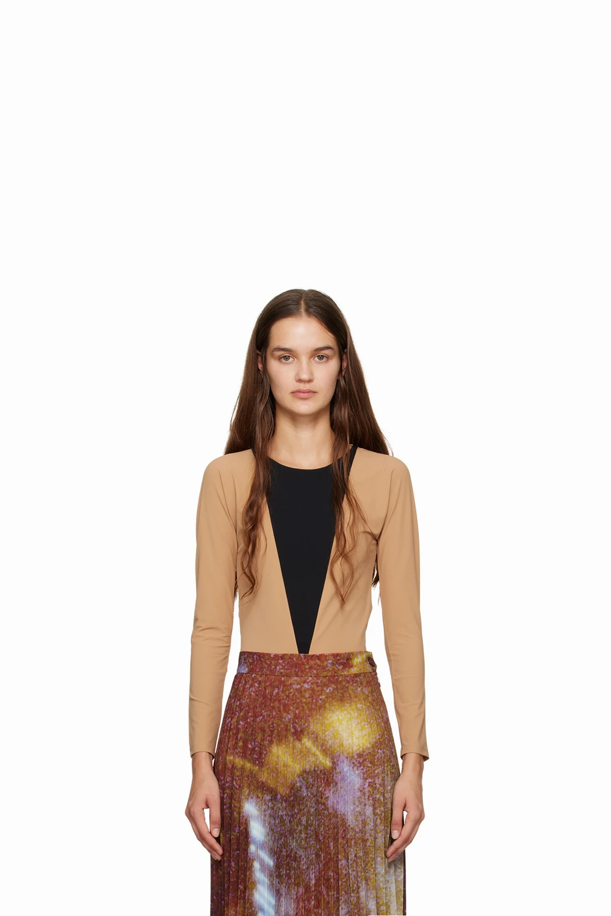 Beige & Black Paneled Long Sleeve T-Shirt