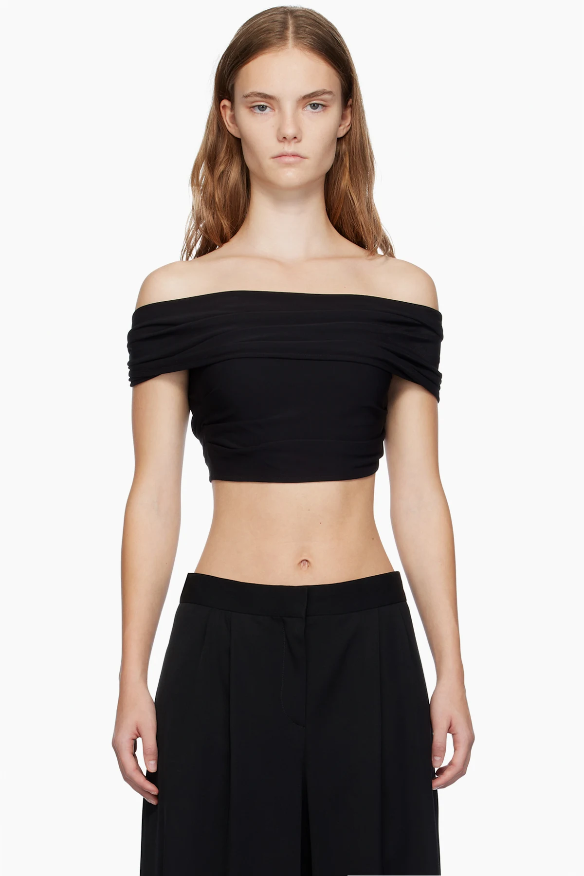 Black Crepe Draped Crop Top T-shirt