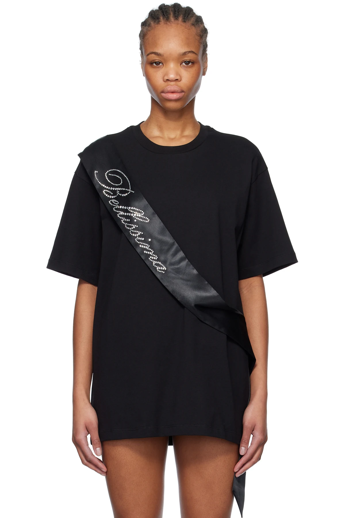 Black Satin Band Rhinestone Embroidery T-shirt