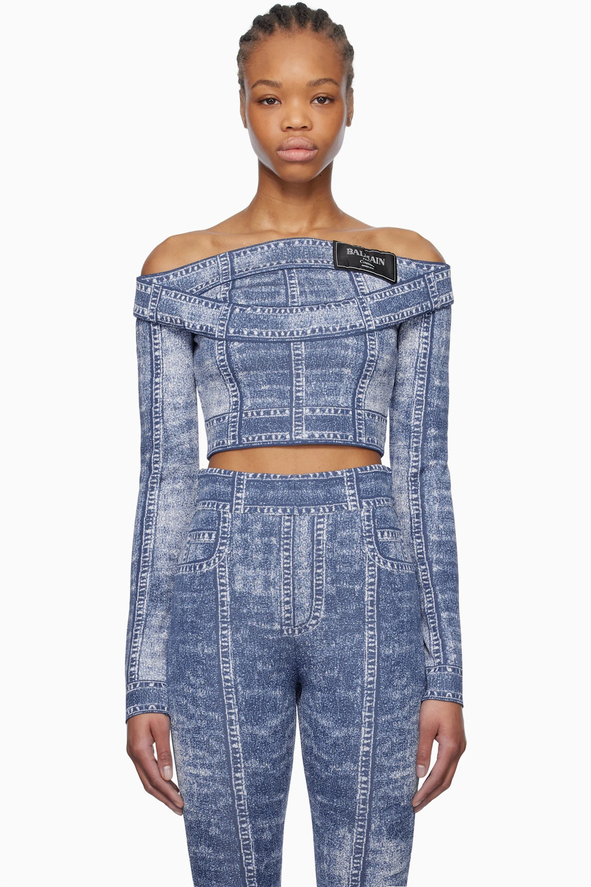 Blue Double Collar Denim Trompe L'oeil Top