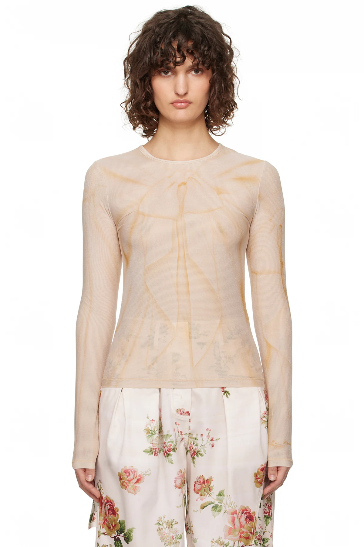 Brown Ribbon Print Mesh Long Sleeve T-shirt