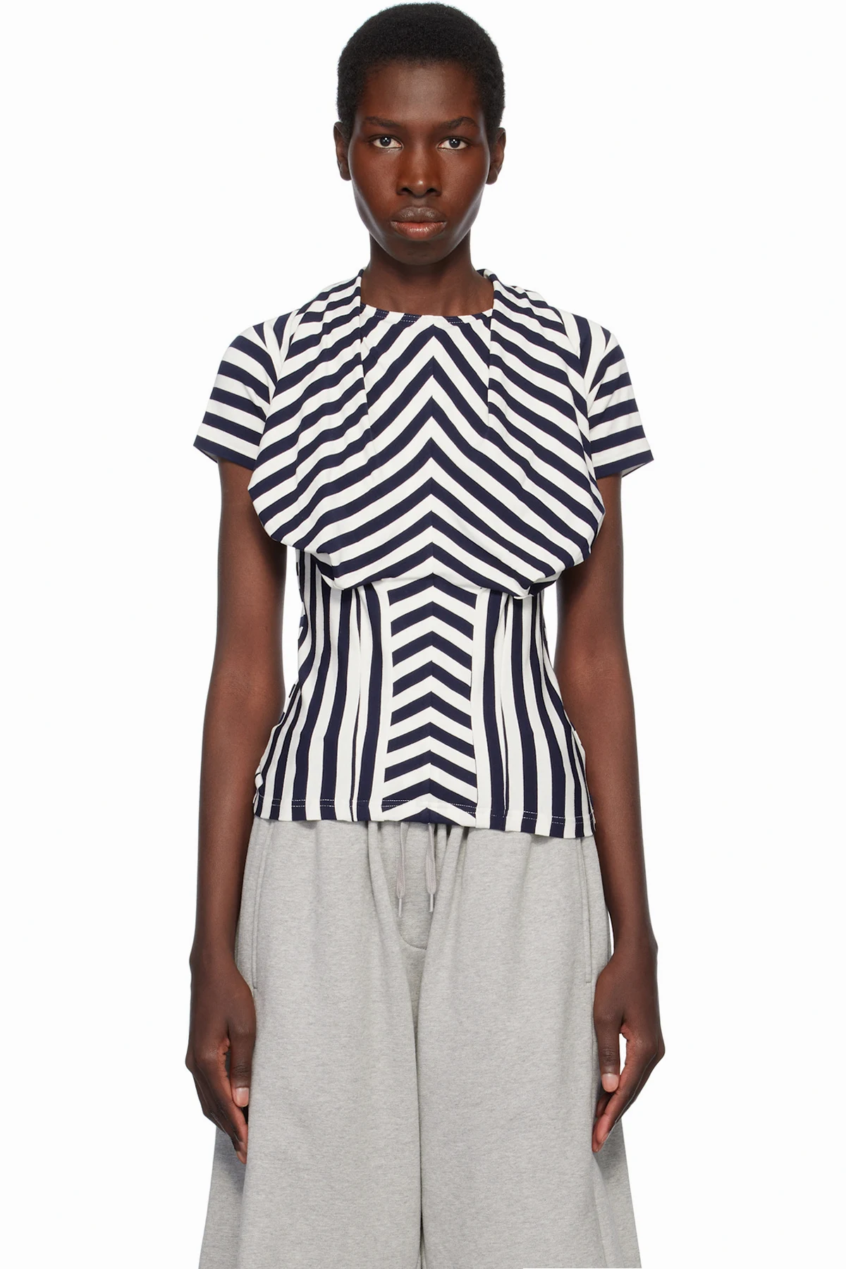 Navy & White Stripe Bra Draping Jersey T-shirt