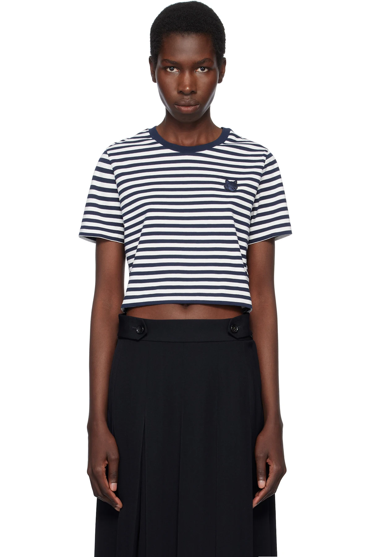 Navy & White Bold Fox Head Patch Multi Stripes Baby T-shirt