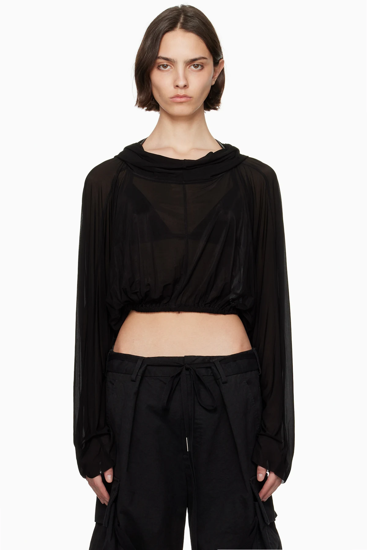 Black Hollywood Cropped Hooded Tunic Top