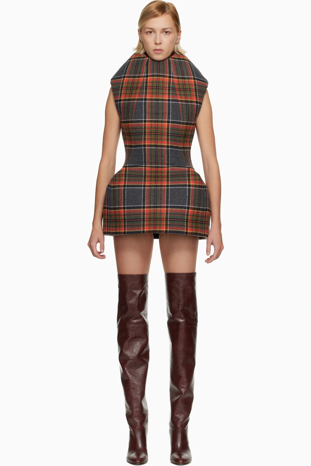 Orange & Gray Sculptured Tartan Minidress