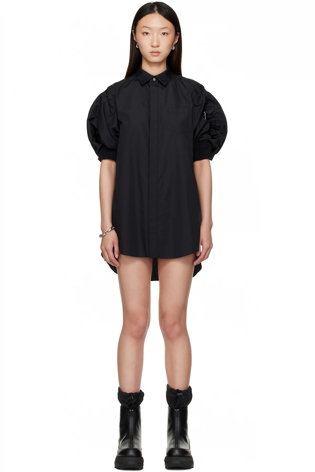 Black Cotton Poplin & Nylon Twill Minidress