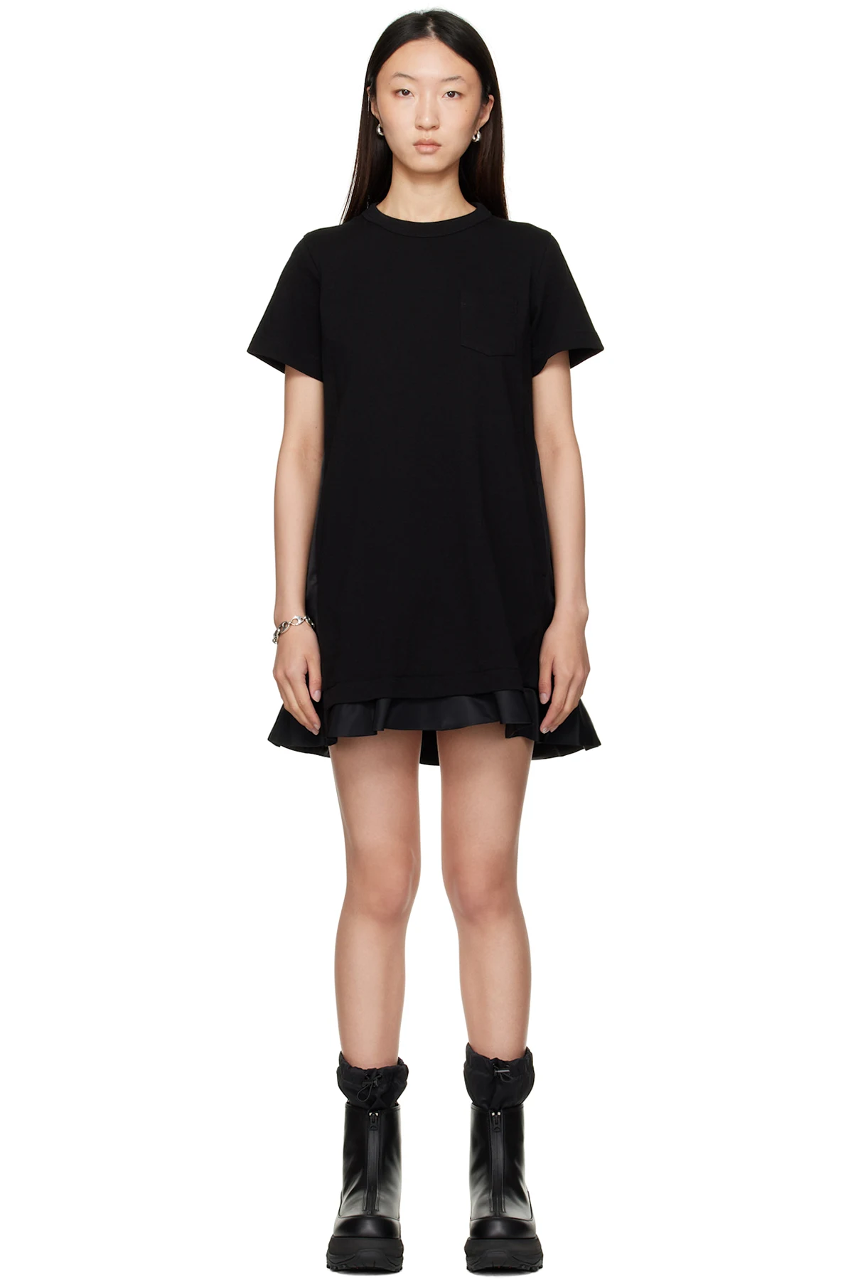 Black Nylon Twill & Cotton Jersey Minidress