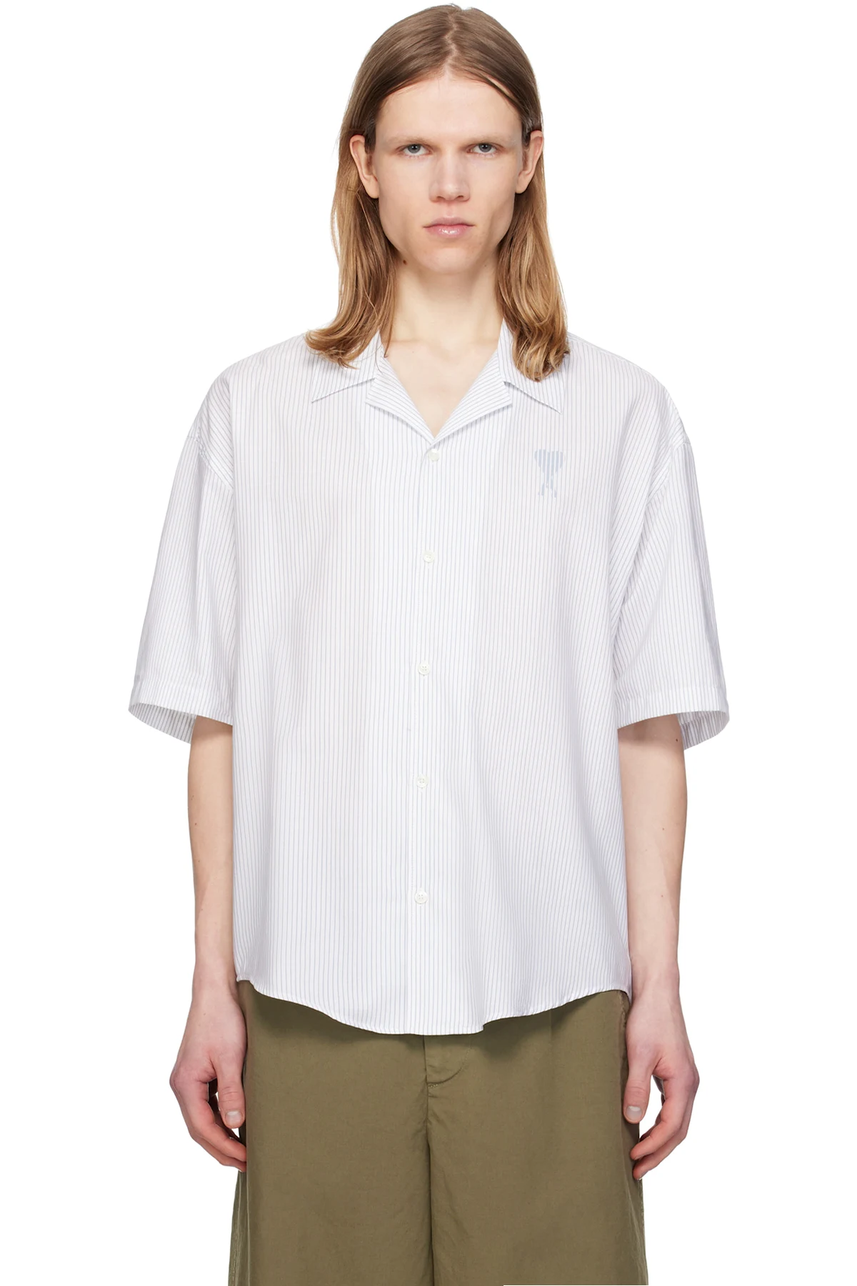 White & Blue Cotton Camp Collar Short Sleeves Shirt