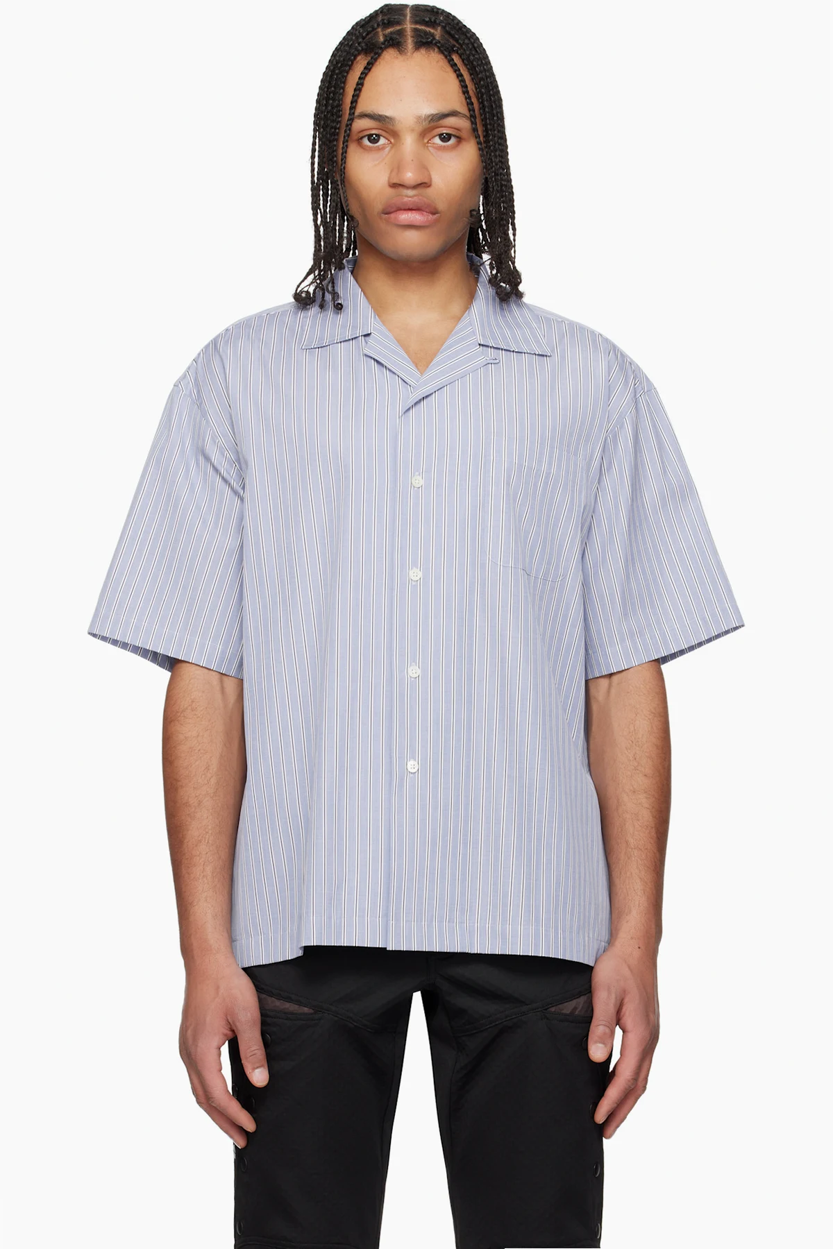 Blue Side Vents Op Collar Striped Shirt
