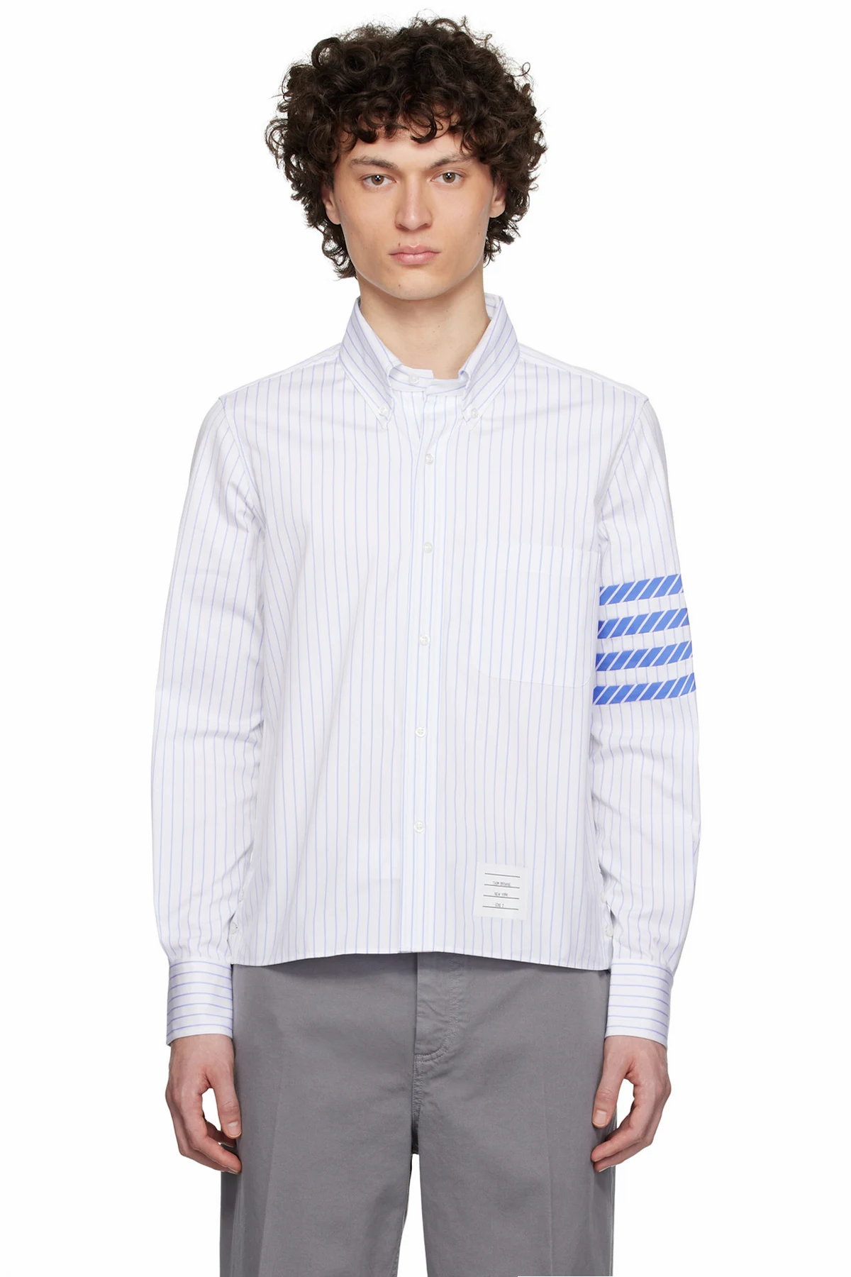 White & Blue Straight Fit BD L/S Step Hem Shirt