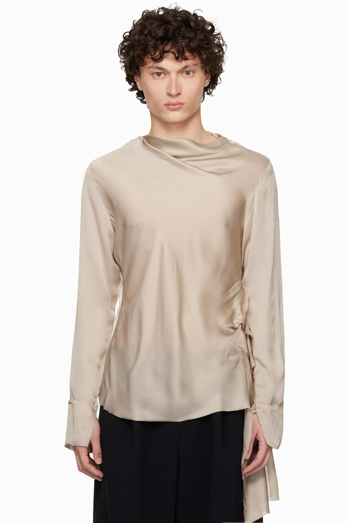 Taupe Draped Neck Long Sleeve Silk Blouse