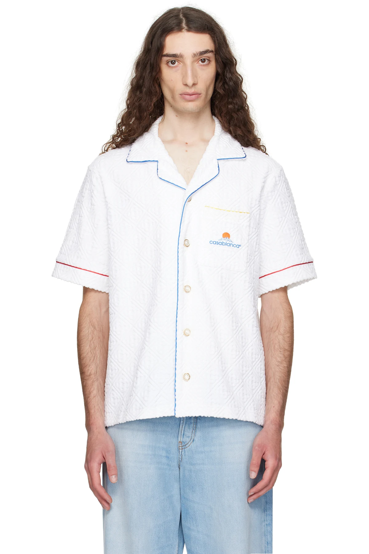 White Monogram Jacquard Towelling Short Sleeve Shirt