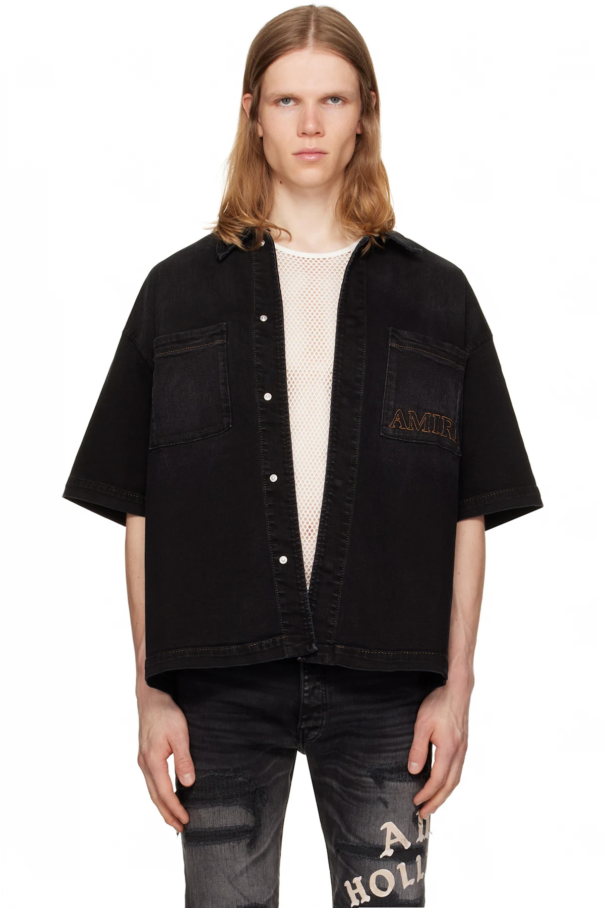 Black 'AMIRI' 3D Short Sleeve Snap Denim Shirt