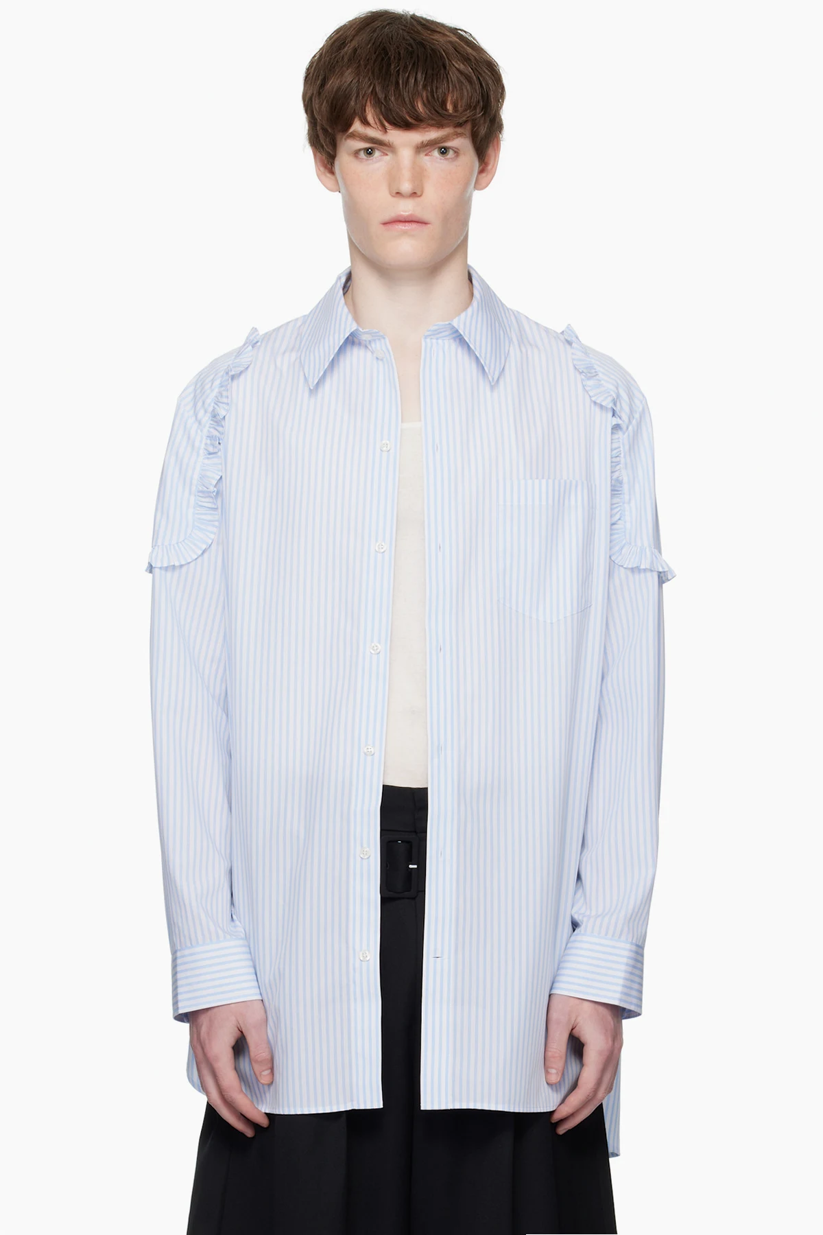 White & Blue Ruffle Shoulder Patch Tunic Shirt