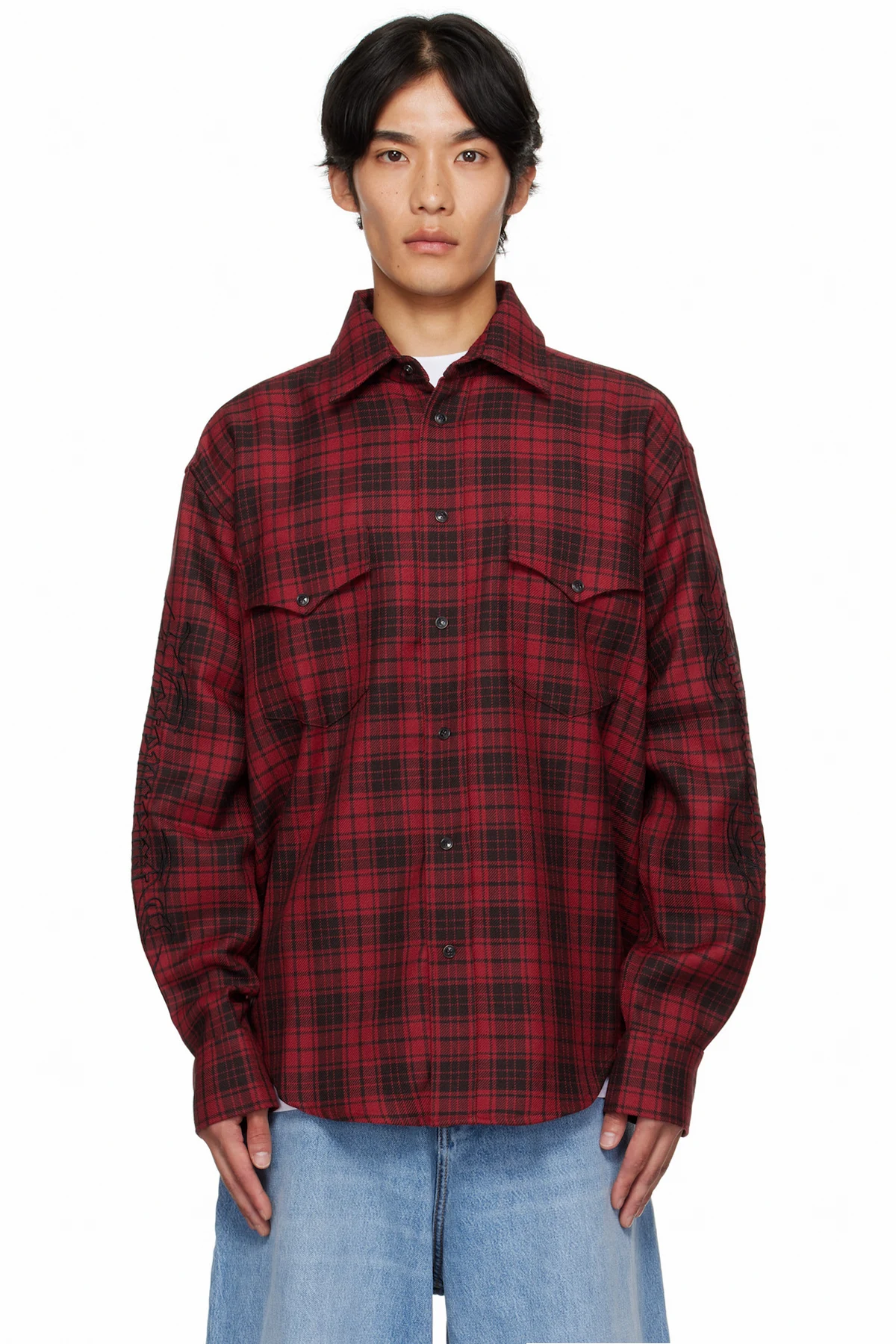 Red & Black Plaid Embroidered Shirt