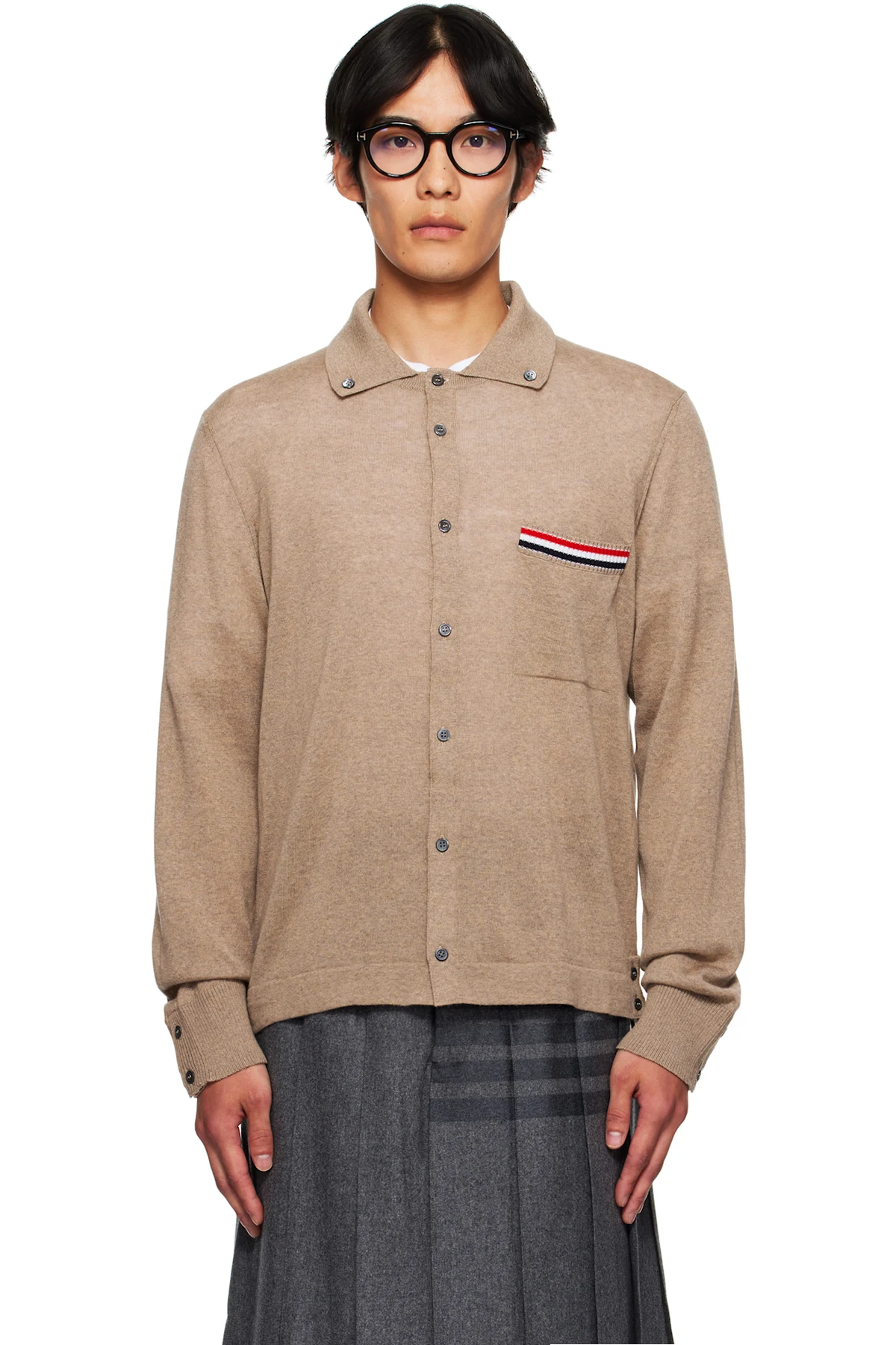 Beige Merino Wool Jersey Stitch Long Sleeve Shirt