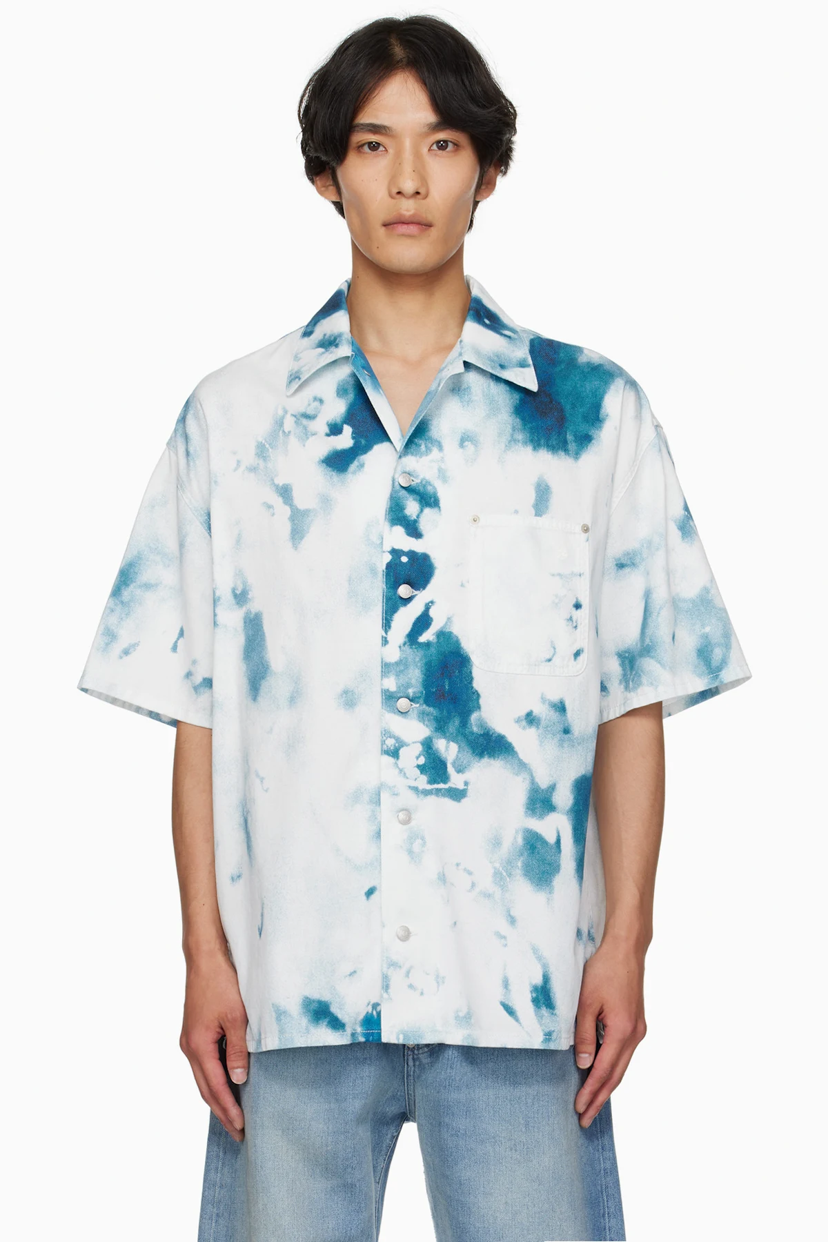 White & Blue Bleach Print Shirt