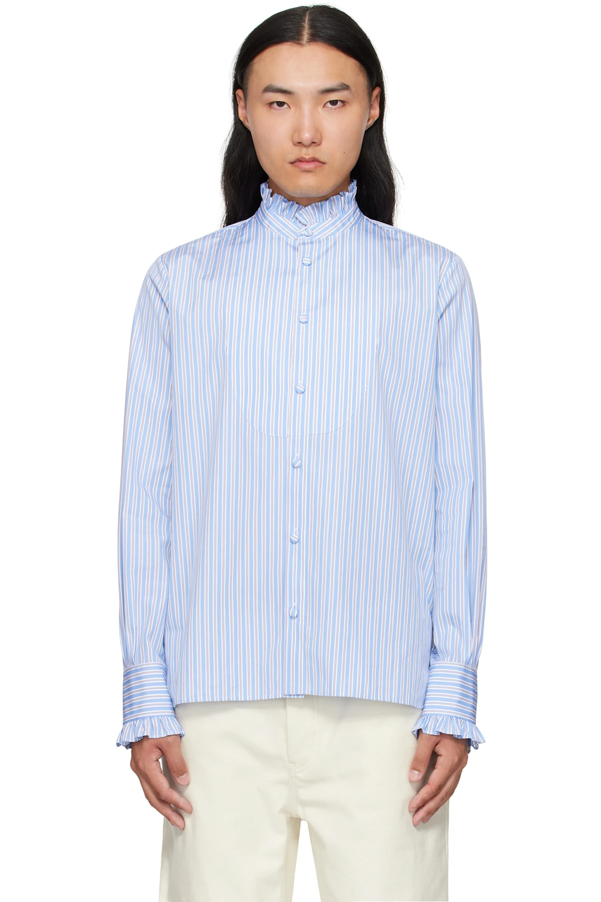 Blue Striped Cotton Ruffle Shirt